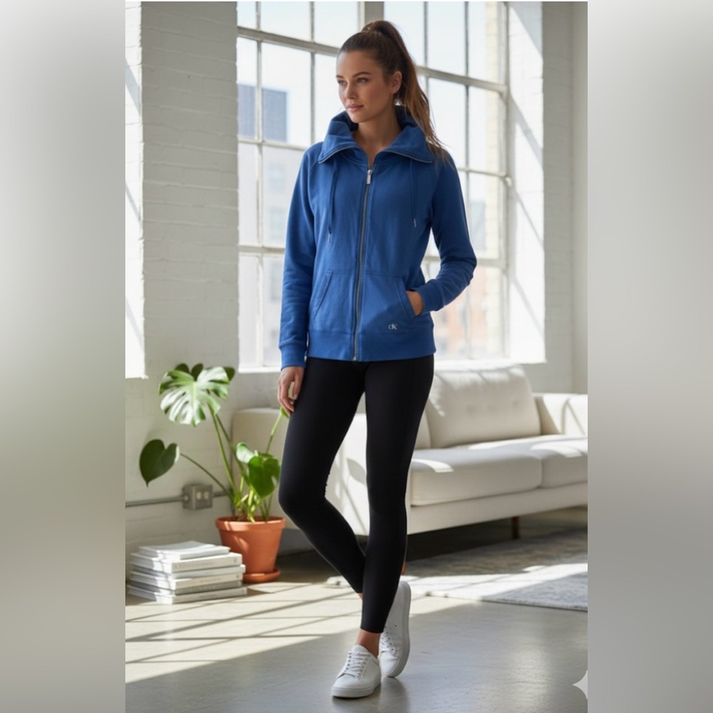 Calvin Klein Full-Zip Sweatshirt Women’s Medium Blue Cowl Neck